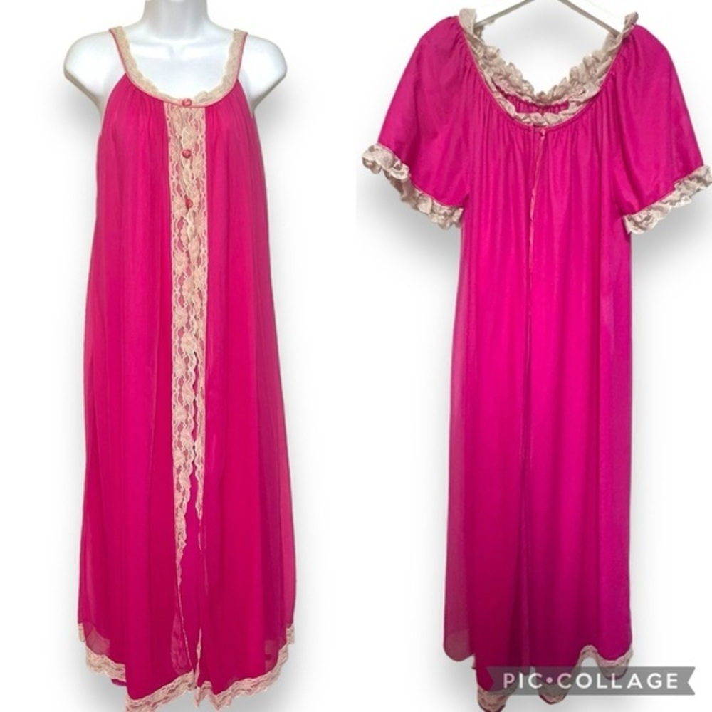 Vintage 60's S robe nightgown set‎ sleepwear lace chiffon peignoir house dress